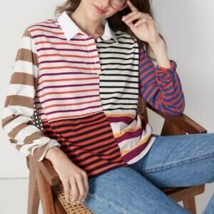 Kule The Patch Rugby Striped Long Sleeve Polo Shirt Top Cotton Preppy Plus 2X